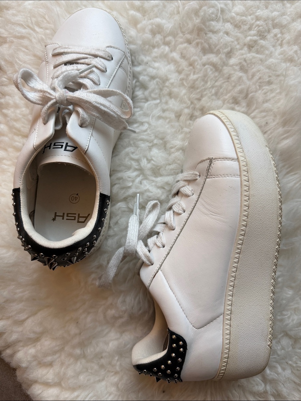 ASH White Leather Platform Sneakers with Black Studded Heel